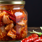Homemade kimchi in a glass jar, bubbling slightly, with red chili flakes and visible vegetables. Focus on vibrant colors and the fermentation process.