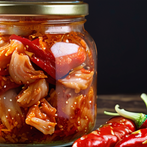Homemade kimchi in a glass jar, bubbling slightly, with red chili flakes and visible vegetables. Focus on vibrant colors and the fermentation process.