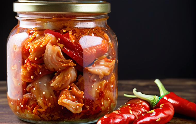 Homemade kimchi in a glass jar, bubbling slightly, with red chili flakes and visible vegetables. Focus on vibrant colors and the fermentation process.