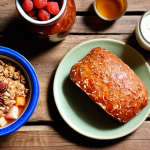 **

A beautifully styled shot of various fermented foods on a rustic wooden table. Include kimchi, sauerkraut, kombucha in a glass bottle with berries, homemade yogurt in a ceramic bowl with granola, and a sourdough loaf cut to show its texture. The light is warm and inviting, highlighting the natural colors of the food. Focus on showcasing the artistry and appeal of these traditional foods.

**