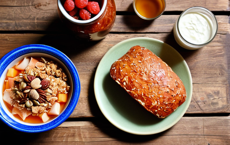 **
A beautifully styled shot of various fermented foods on a rustic wooden table. Include kimchi, sauerkraut, kombucha in a glass bottle with berries, homemade yogurt in a ceramic bowl with granola, and a sourdough loaf cut to show its texture. The light is warm and inviting, highlighting the natural colors of the food. Focus on showcasing the artistry and appeal of these traditional foods.
**