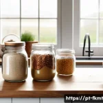 전통 발효식품의 재료 현대화 방법 - A close-up, high-angle shot of a rustic wooden table in a sunlit, modern kitchen. On the table, a co...