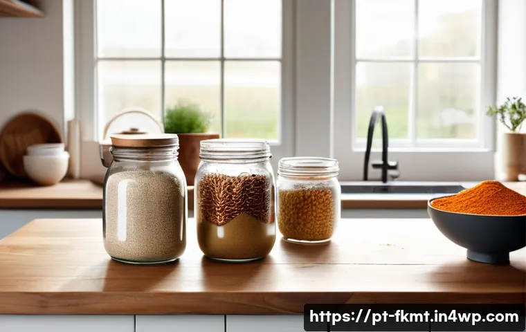 전통 발효식품의 재료 현대화 방법 - A close-up, high-angle shot of a rustic wooden table in a sunlit, modern kitchen. On the table, a co...