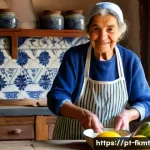 전통 발효식품의 소비 트렌드 분석 - A warm, inviting image of a kind-faced elderly Portuguese woman, with gentle wrinkles and a soft smi...