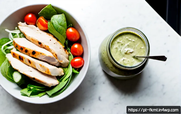 전통 발효식품을 활용한 다이어트 레시피 - Photorealistic overhead kitchen scene of a light Brazilian-inspired diet lunch: grilled chicken, fre...
