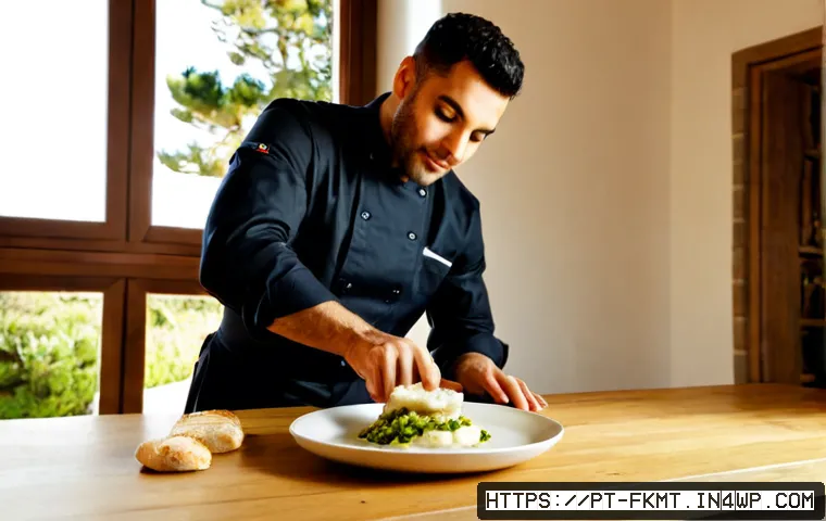 Home 17 전통 발효식품을 활용한 현대 요리 레시피 - Photorealistic modern Portuguese kitchen scene, a chef plating seared cod over creamy white bean pur...