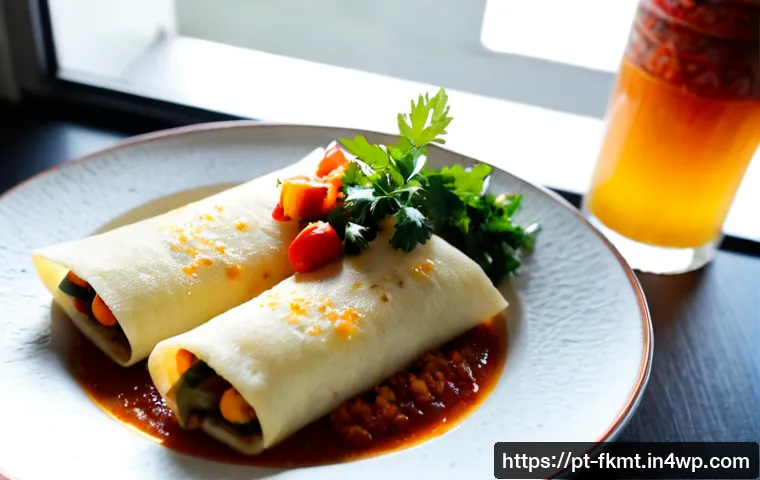 Home 17 전통 발효식품을 활용한 퓨전 요리 - Photorealistic Brazilian fusion dish in a sunlit modern home kitchen: crisp tapioca crepes filled wi...