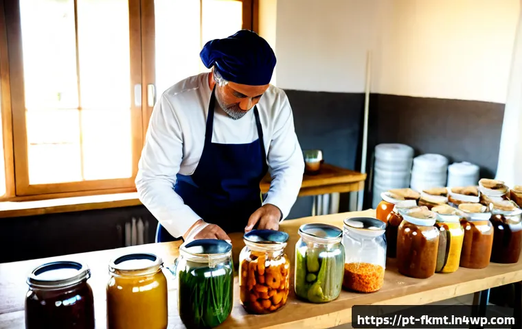 Home 17 전통 발효식품의 현대적 재배 및 생산 방법 - Photorealistic modern Portuguese artisan fermentation workshop, a middle-aged producer in clean apro...
